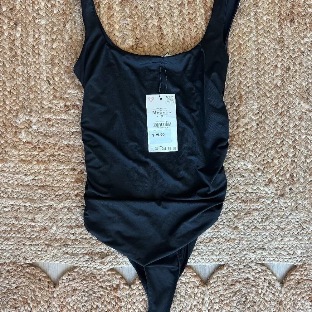 ZARA — Ruched Polyamide Bodysuit - Size M – New with Tags – Black
